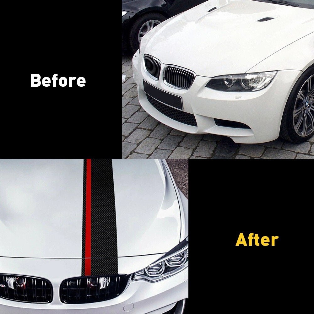 5D Carbon Fiber With Red Rally Racing Stripe Hood Front Decal Vinyl Wrap Sticker