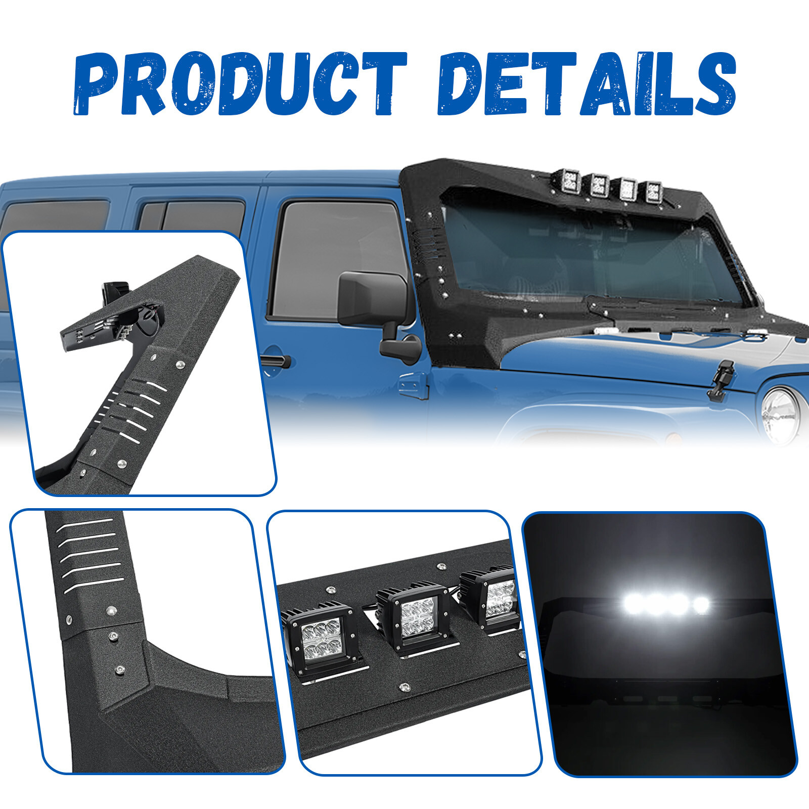 For Jeep Wrangler JK 07-18 Armor Windshield Frame Cover Visor Cowl w/ LED Lights