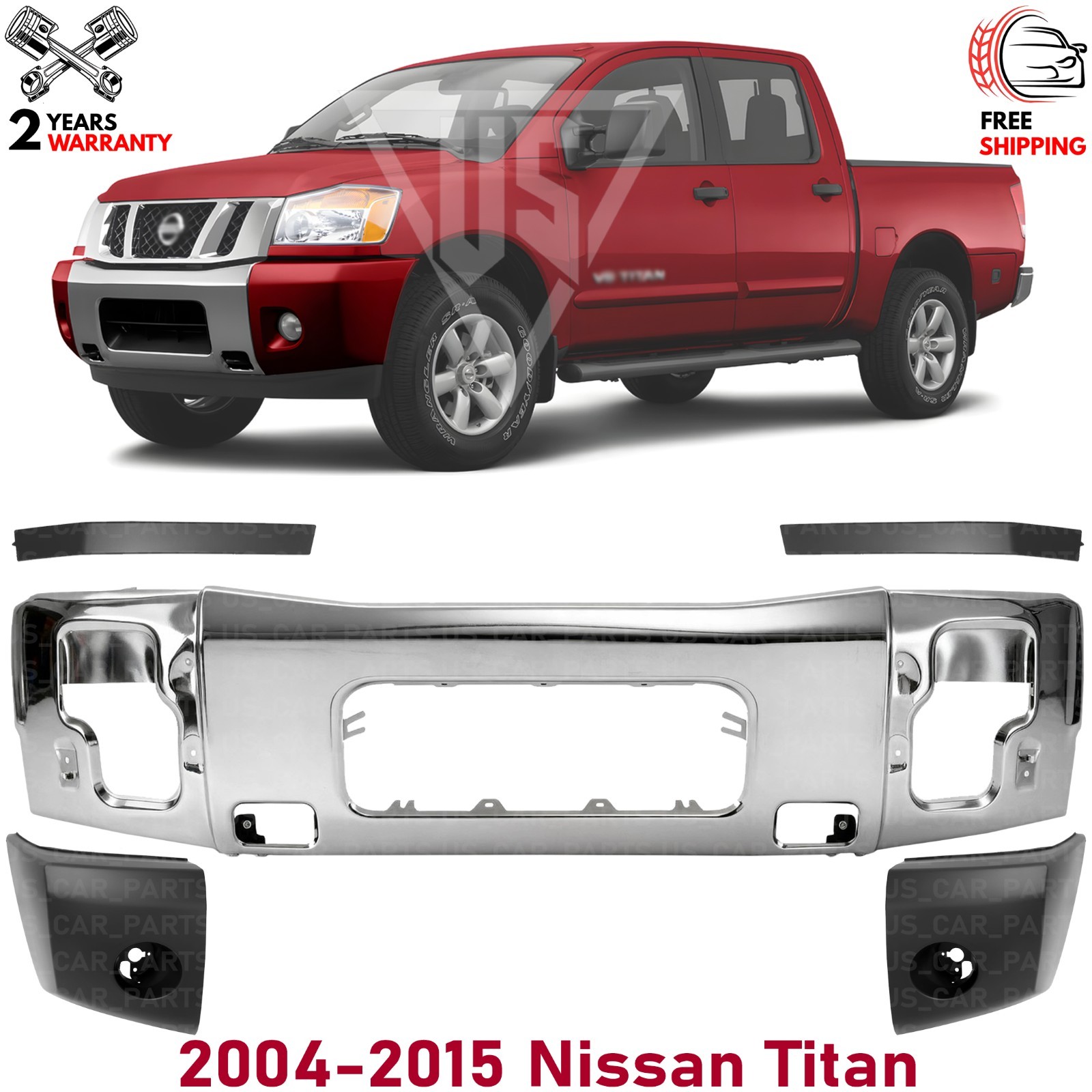 Front Bumper Chrome & Bumper End Caps Primed Kit For 2004-2015 Nissan Titan