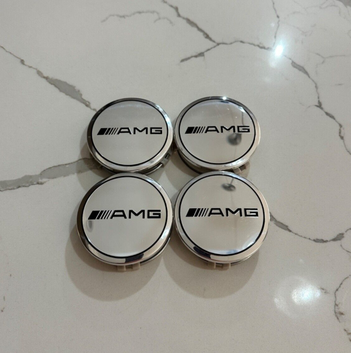 SET OF 4 Mercedes Benz AMG 75MM Silver & Black Rim Wheel Center Hub Caps Emblem