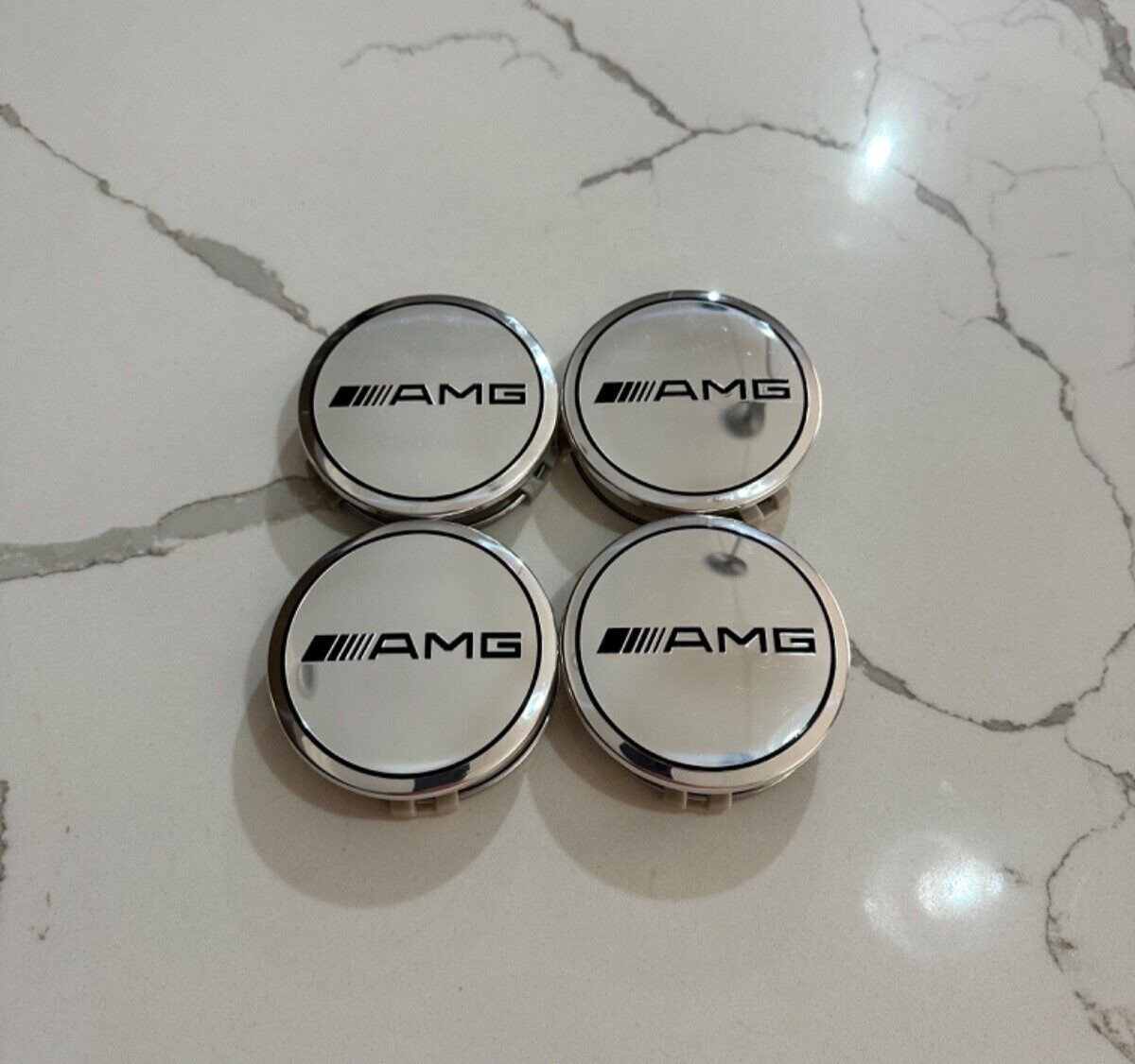 SET OF 4 Mercedes AMG 75MM Silver & Black Rim Wheel Center Hub Caps Emblem