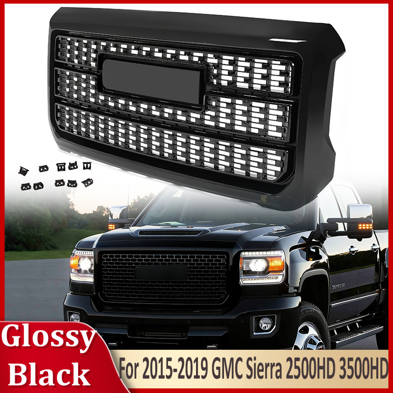 For GMC Sierra 2500HD 3500HD Denali 2015-2019 Front Bumper Grille Gloss Black