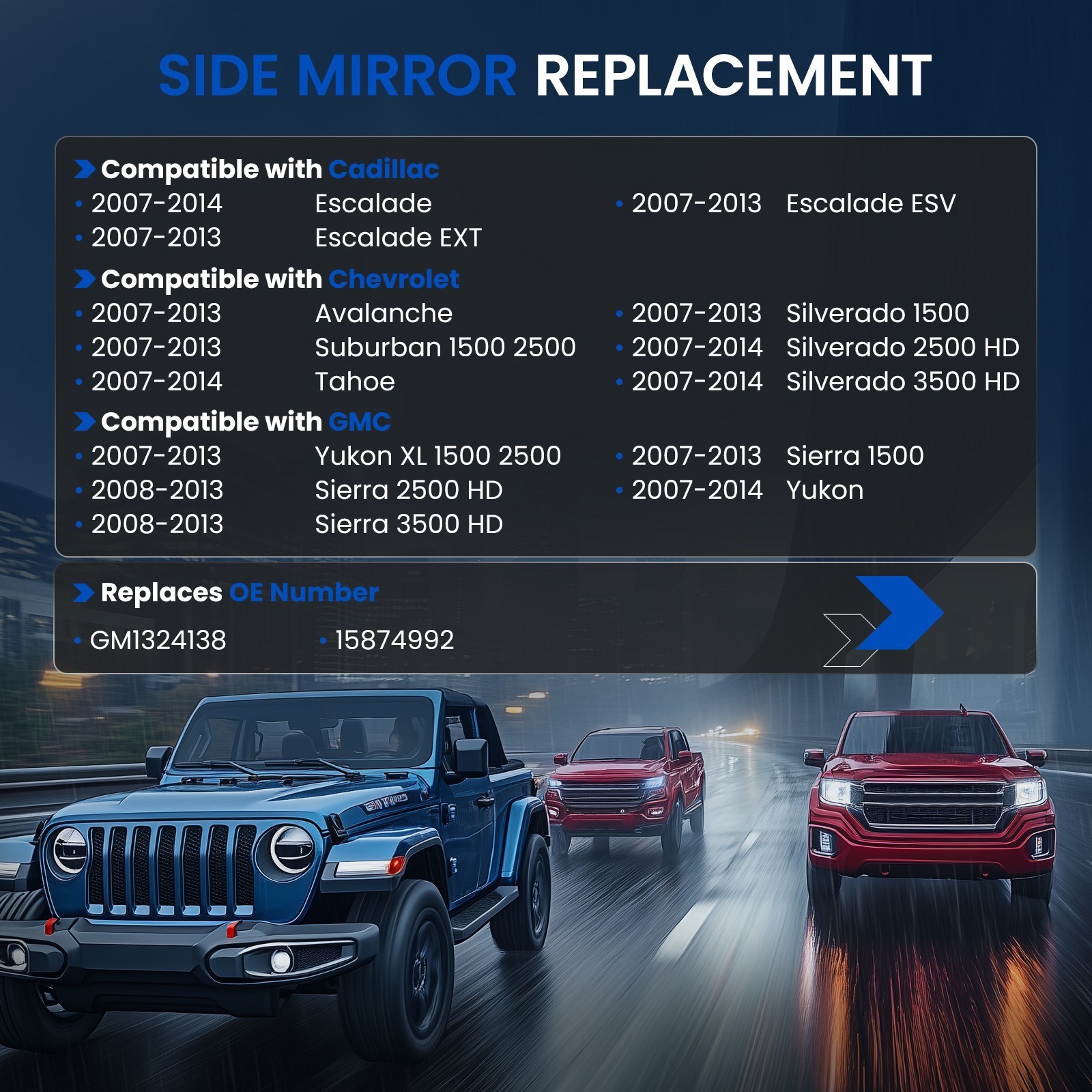 Left/Right Side Mirror Glass for 07-14 Chevrolet Silverado 2500HD 3500HD