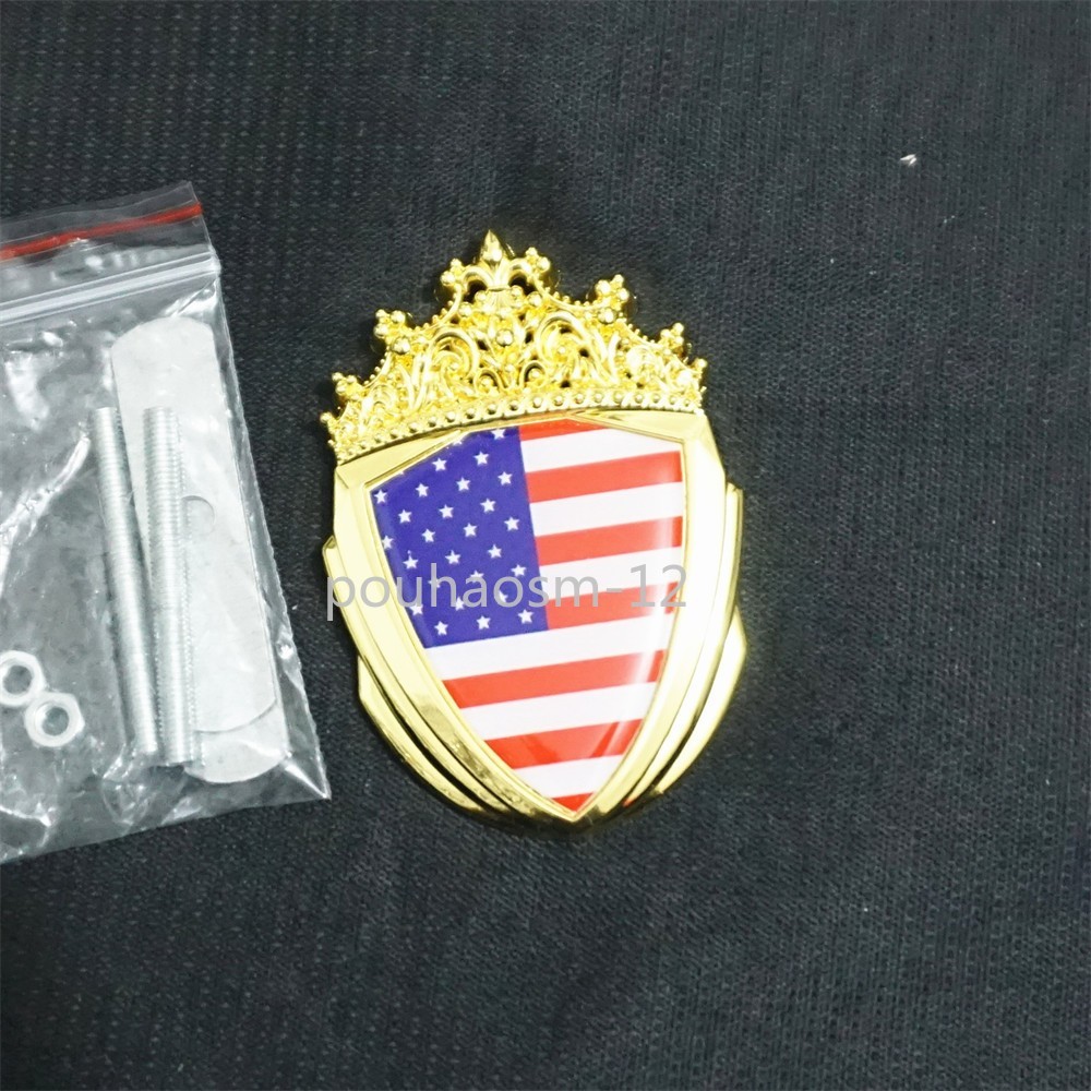 1x USA Flag Cronw Golden Chrome Metal Front Grille Emblem Badge America GT Grand