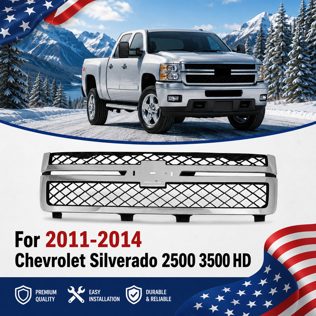 Front Grille Assembly Chrome For 2011-2014 Chevrolet Silverado 2500 3500 HD