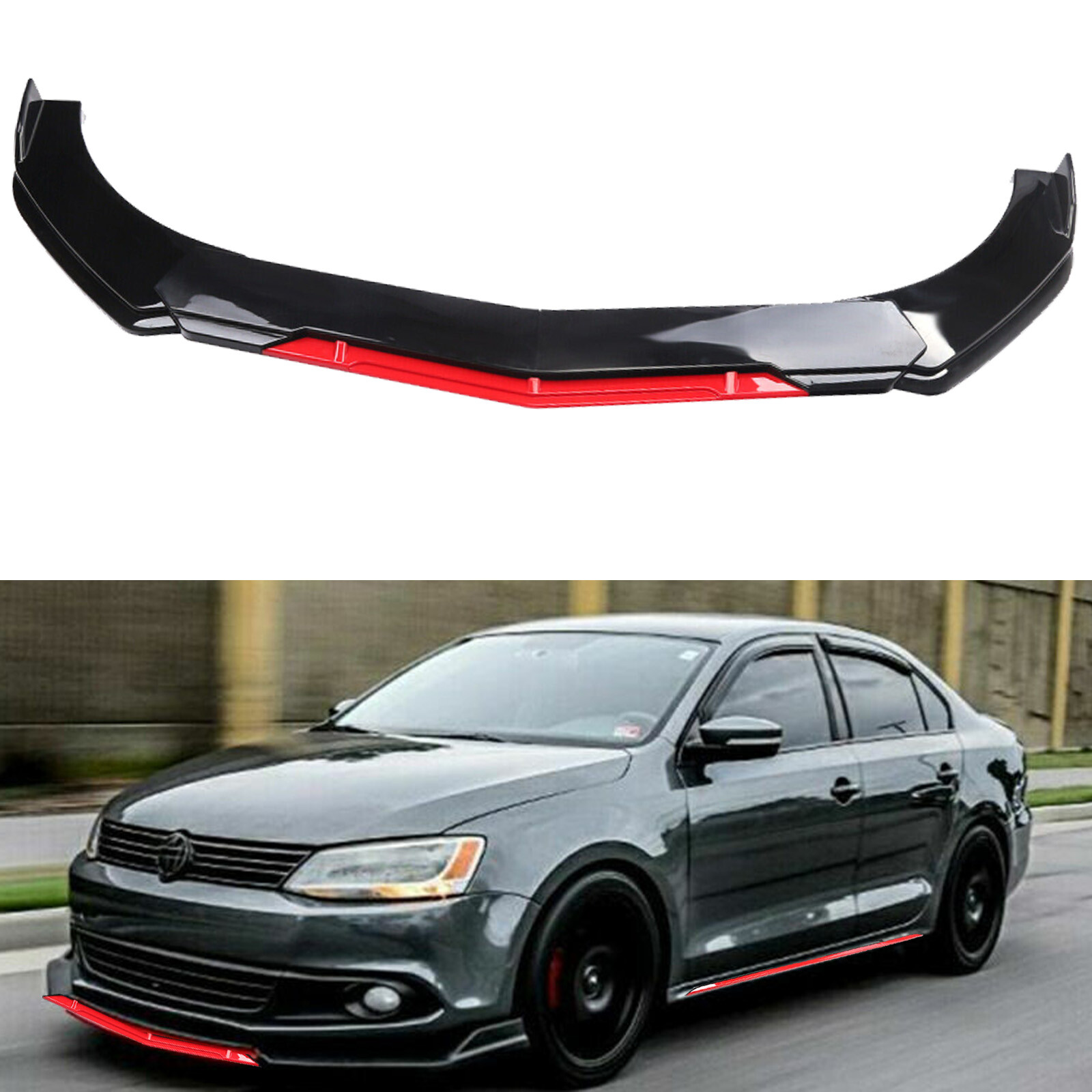 Glossy Black+Red For VW Jetta MK6 MK7 Front Bumper Lip Spoiler Splitter