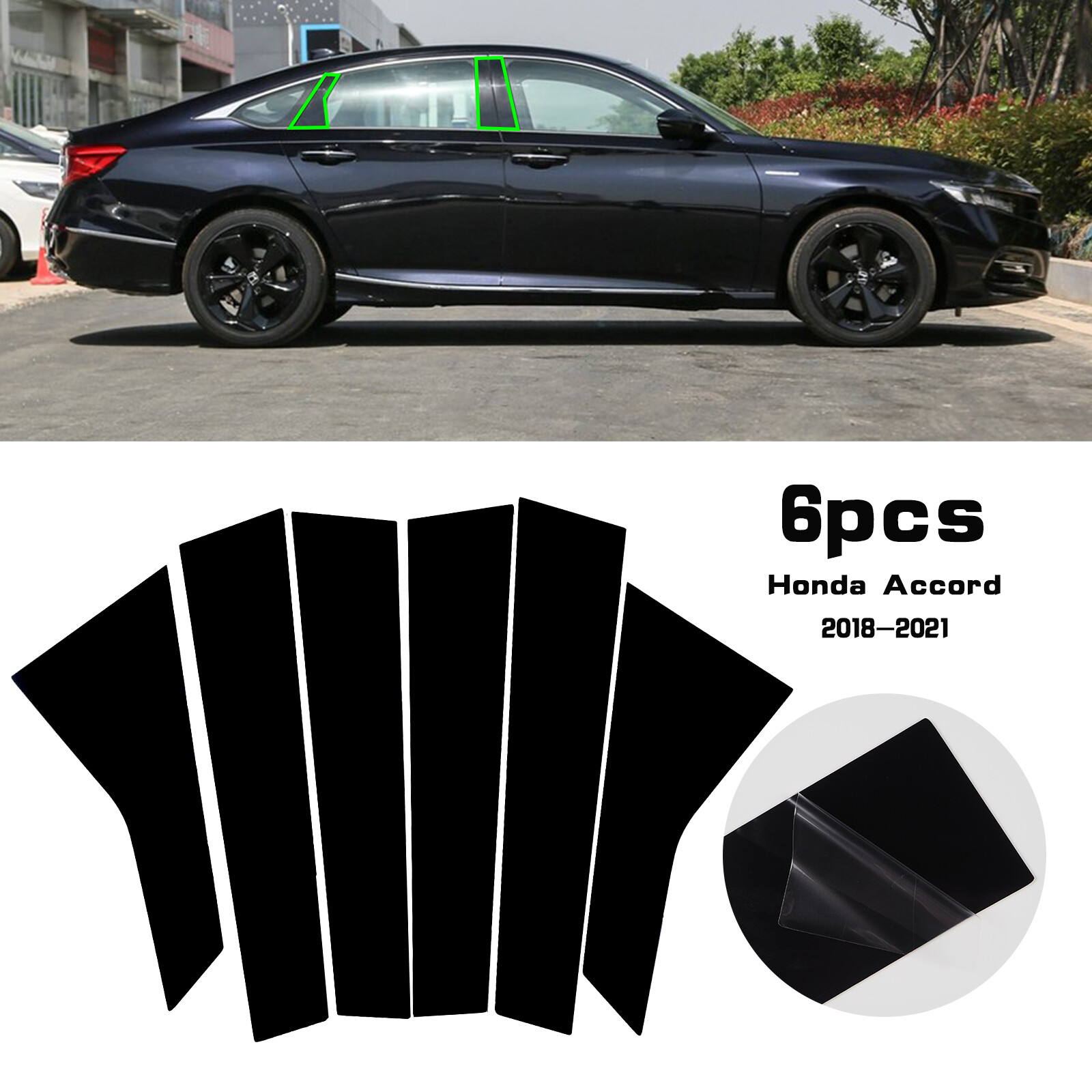6pcs Glossy Black Pillar Post for 2018-2021 Honda Accord Window Door Trim Cover