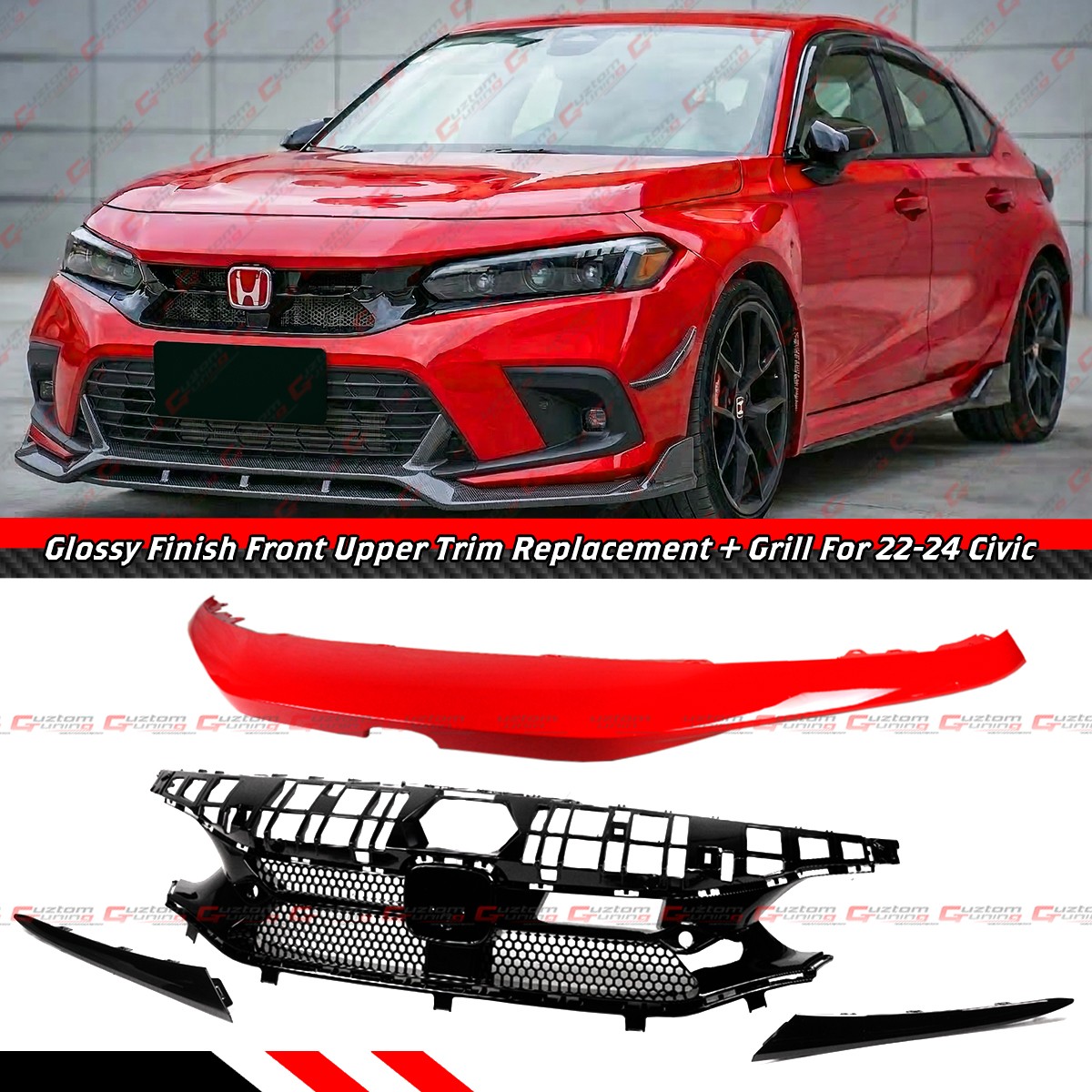For 2022-24 Honda Civic VS Style Rallye Red Upper Hood Trim + Grill Replacement