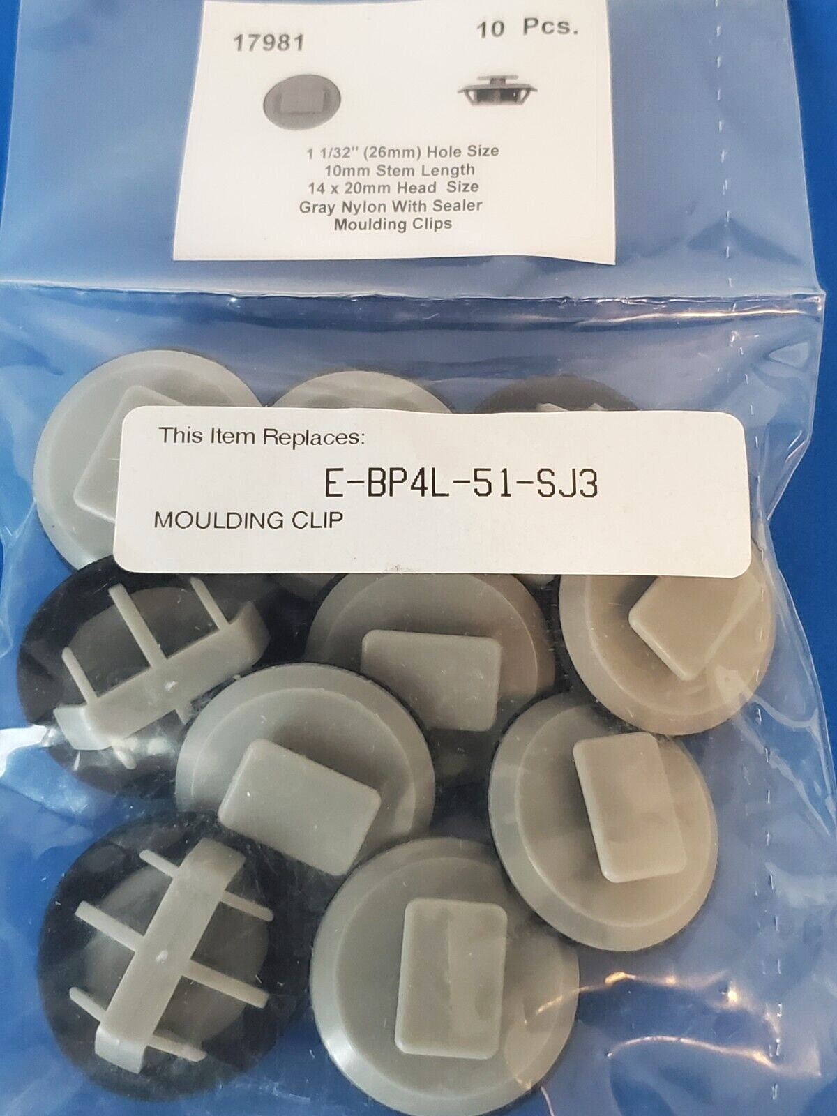 10 Pcs. 1 -1/32″, 26mm Hole, 10mm Stem Length, 14mm x 20mm Head Molding Clips