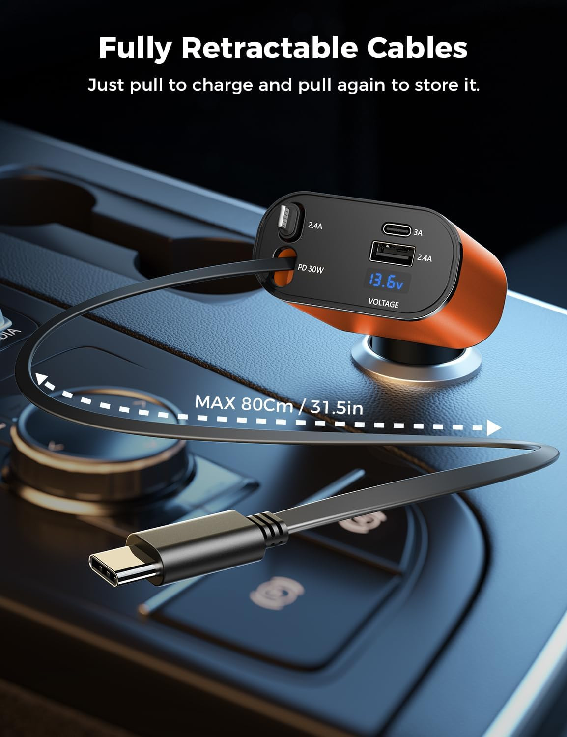 【Upgraded】 Retractable Car Charger 4 In 1 Fast Car Phone Charger With Cord 2.6Ft
