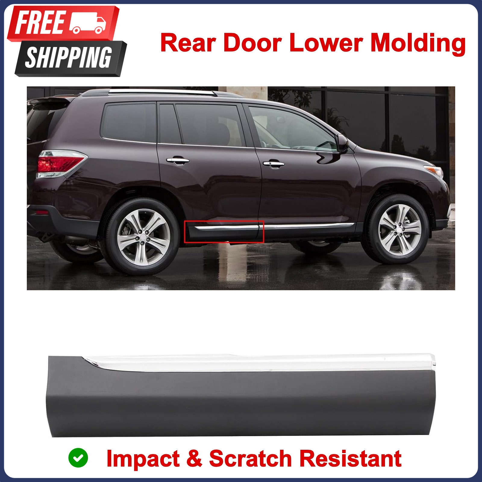 Rear Door Lower Molding Trim Panel with Chrome Trim Fit For Highlander 2011-2013