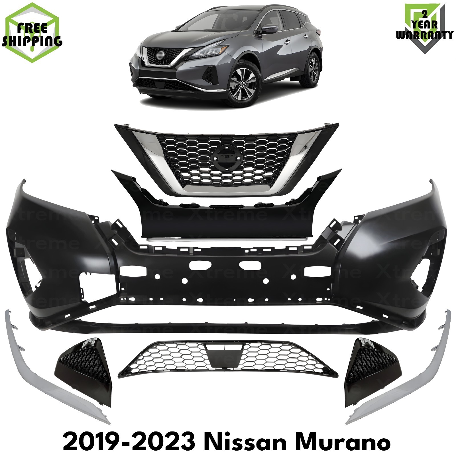 Front Bumper Cover Primed Plastic & Fog Lights Cover For 2019-2023 Nissan Murano