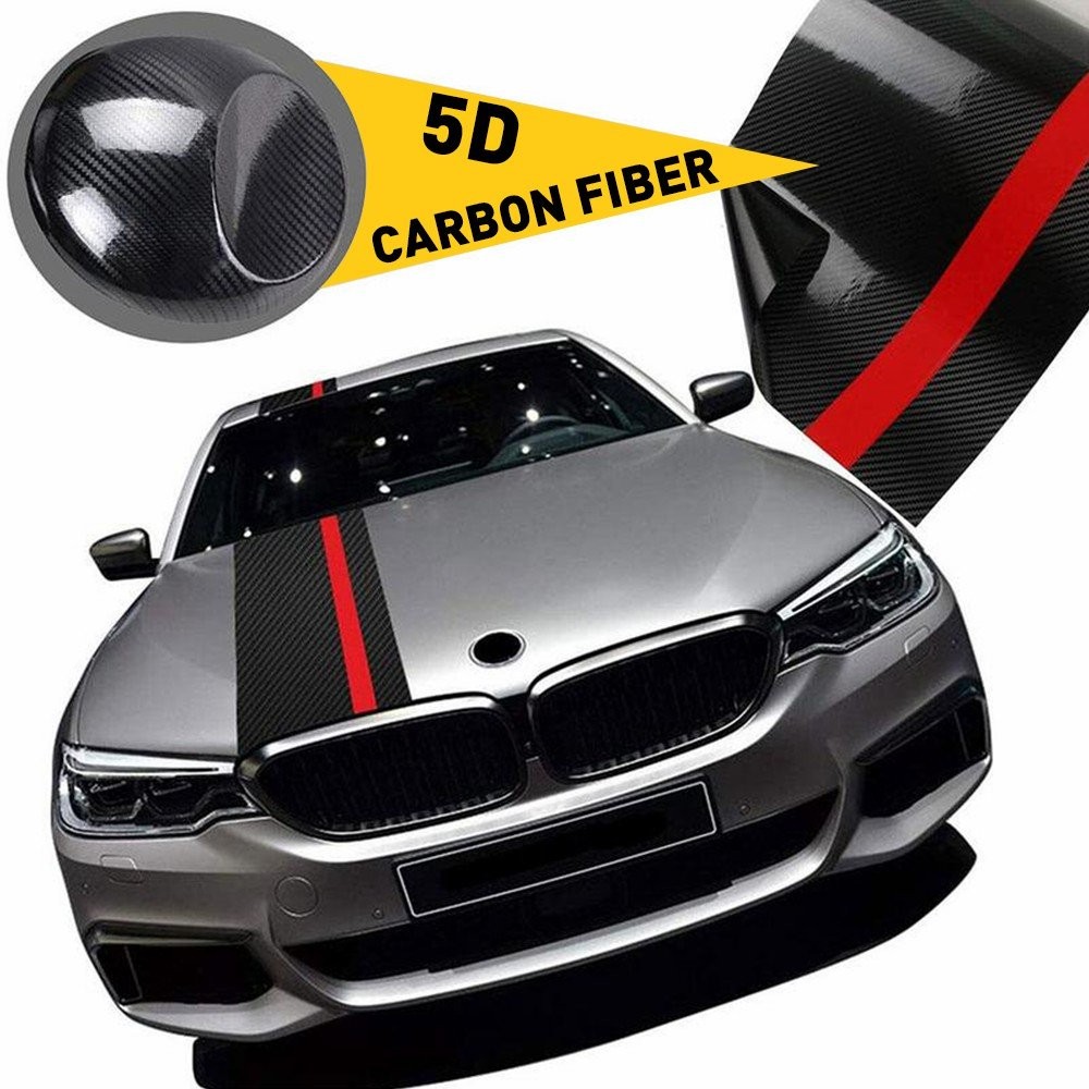 5D Carbon Fiber With Red Rally Racing Stripe Hood Front Decal Vinyl Wrap Sticker