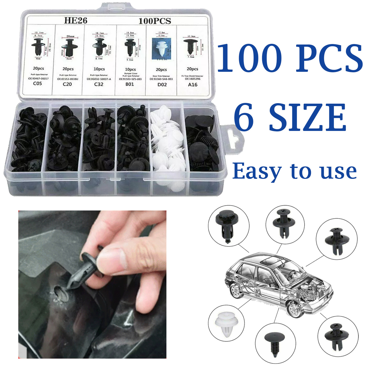 100Pcs/Set Plastic Rivet Car Fender Bumper Push Pin Clips 10mm Hole For Honda