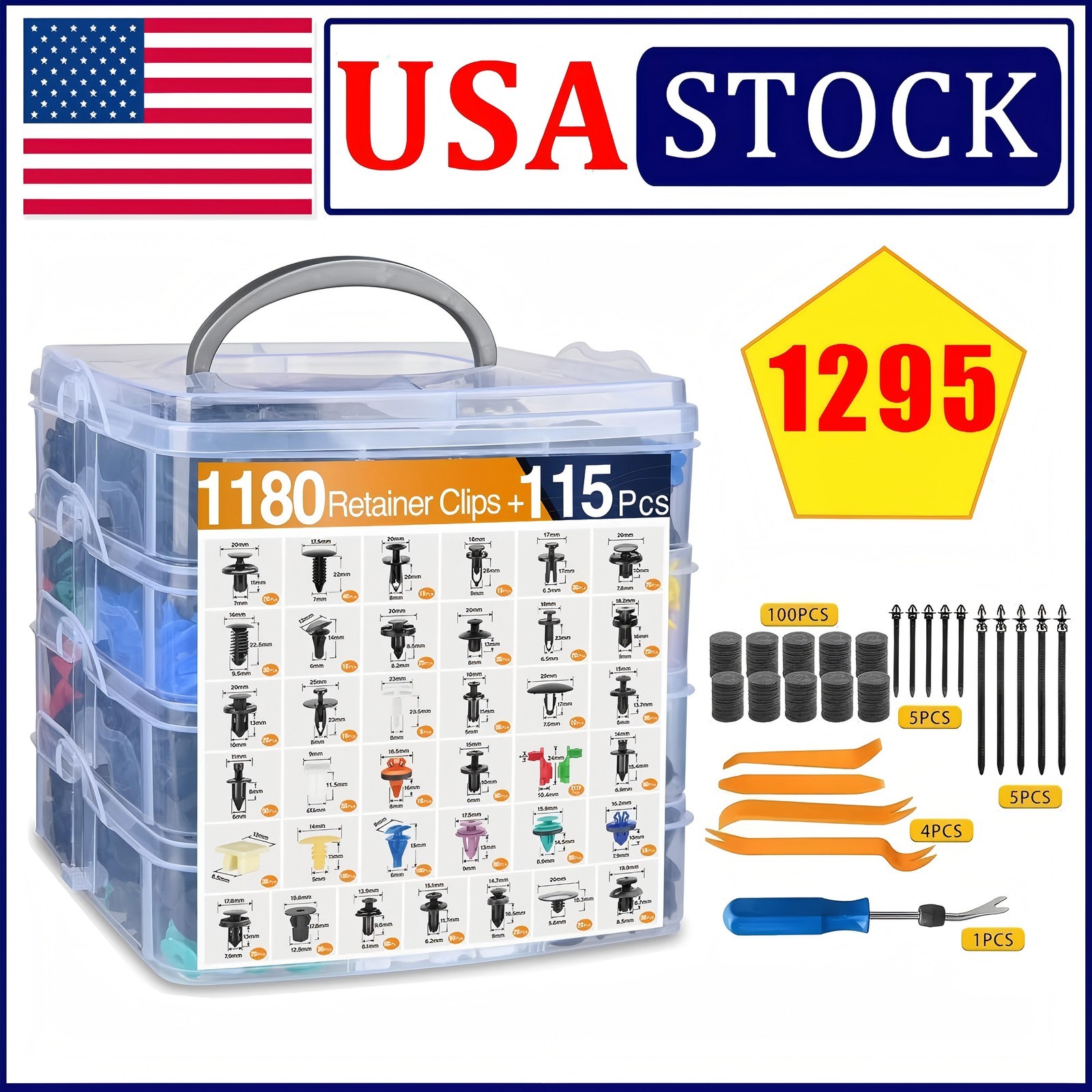 1295PCS Car Retainer Auto Fasteners Body Plastic Trim Clips Pin Rivet Bumper Kit