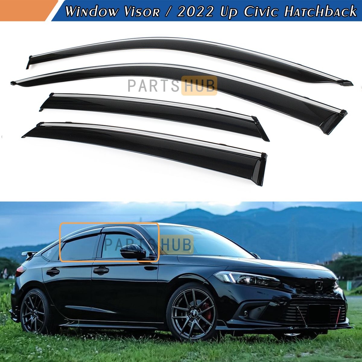 For 23-26 Honda Civic Hatchback Chrome Trim Smoke Tinted Window Visor Rain Guard