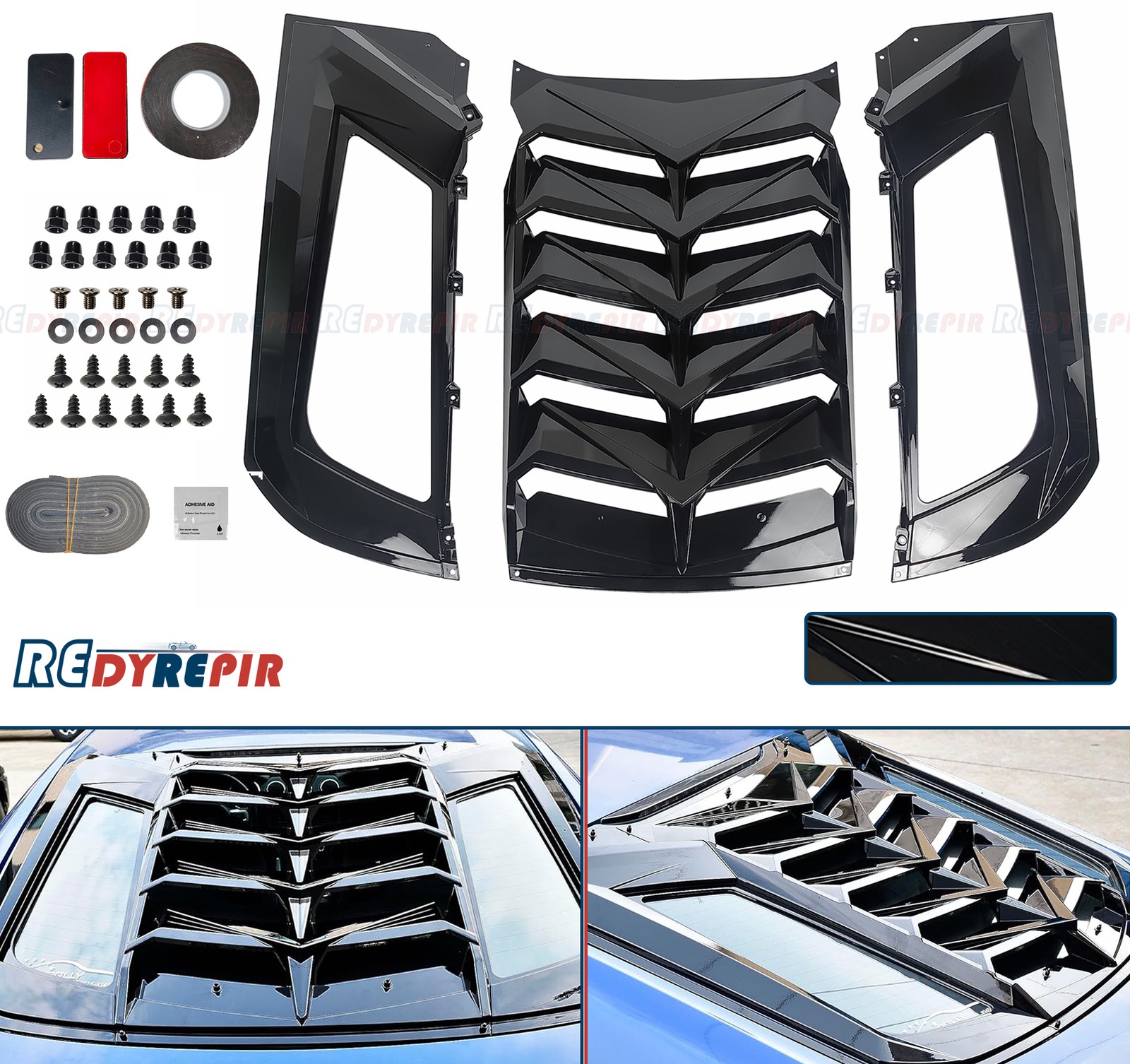 Rear Window Louver for 15-25 Ford Mustang Coupe Gloss Black Lambo Styl Sun Shade