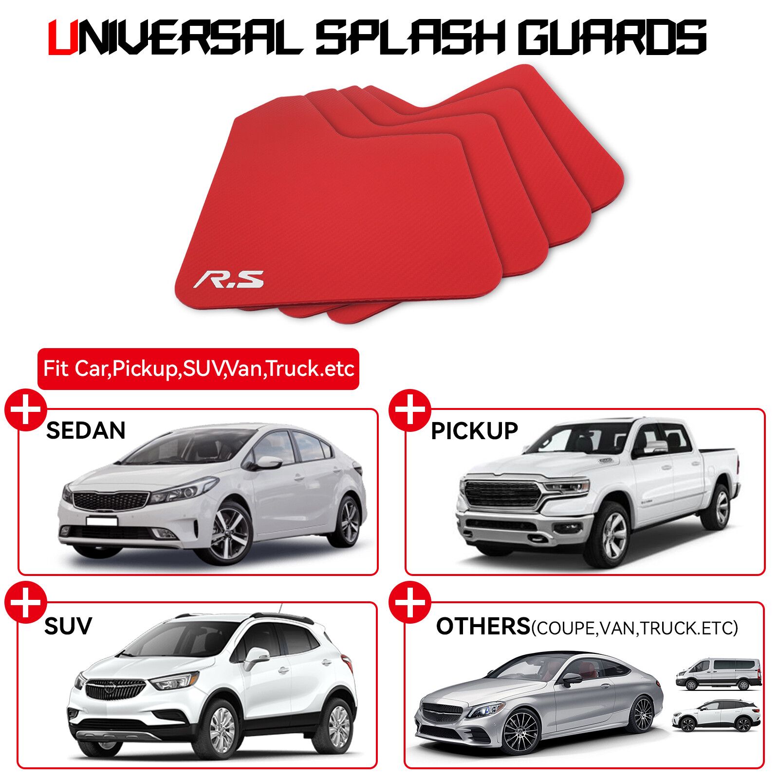 4 × Universal Mud Flaps Splash Guards Rally Sport RED for Car Pickup Van Truck