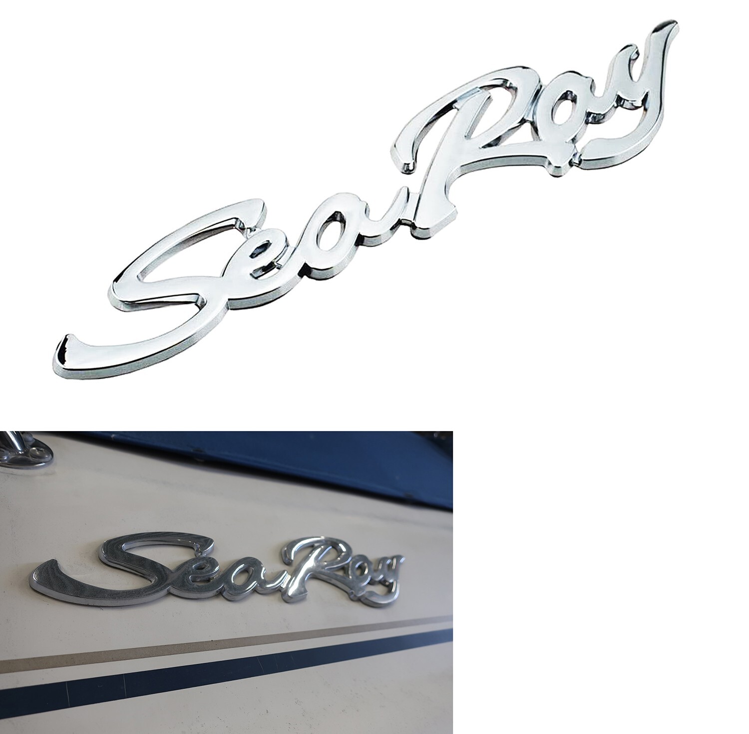 1PC SEA RAY SEARAY SCRIPT CHROME EMBLEM BADGE BOAT LOGO 12-3/4″ NEW