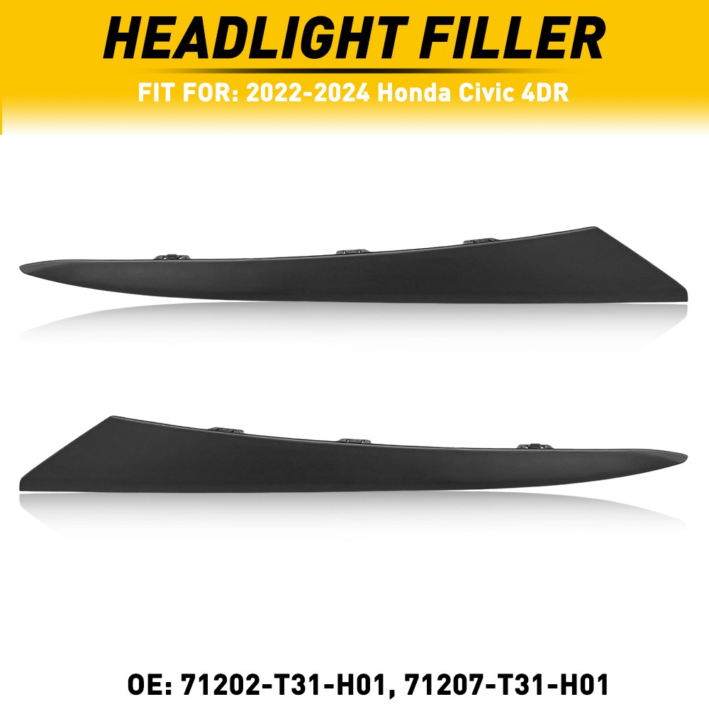 For 2022 2023 Honda Civic Glossy Black Front Headlight Trim Eyelid Moldings Pair