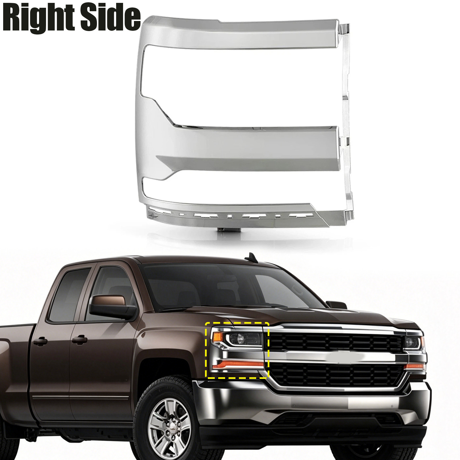 For Chevy Silverado 1500 2016 2017 2018 Right Side Chrome Headlight Bezel Cover