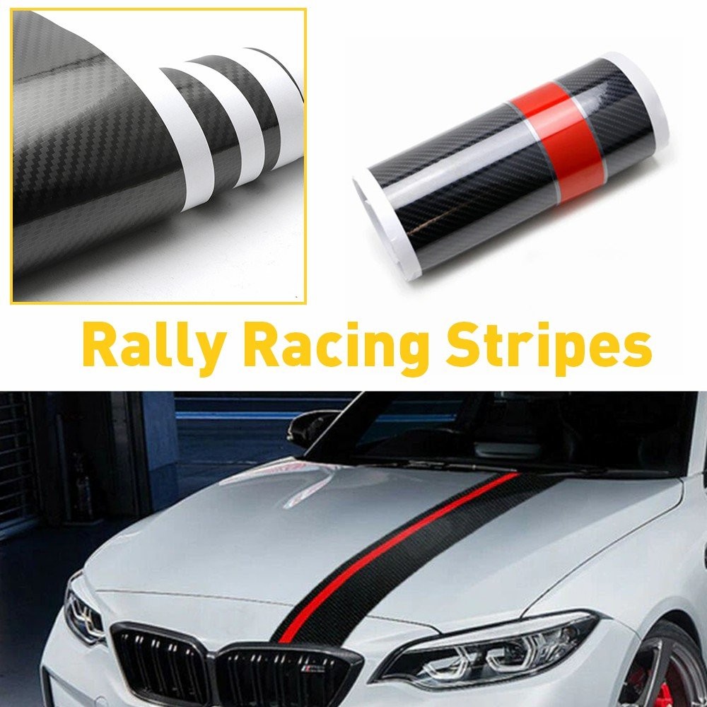 5D Carbon Fiber With Red Rally Racing Stripe Hood Front Decal Vinyl Wrap Sticker