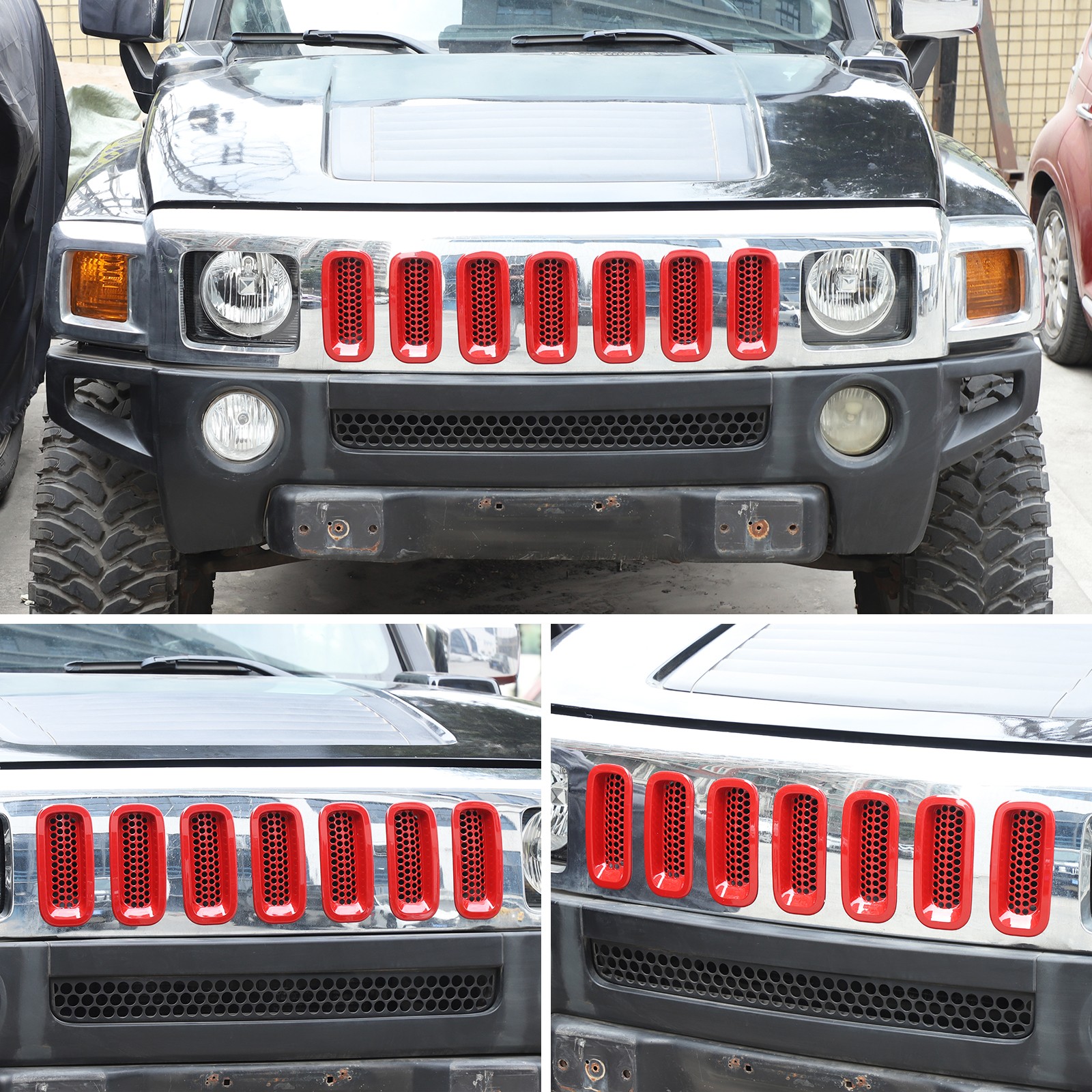 Red Front Bumper Grille Insert Honeycomb Mesh Kits For Hummer H3 2005-2009 7PCS
