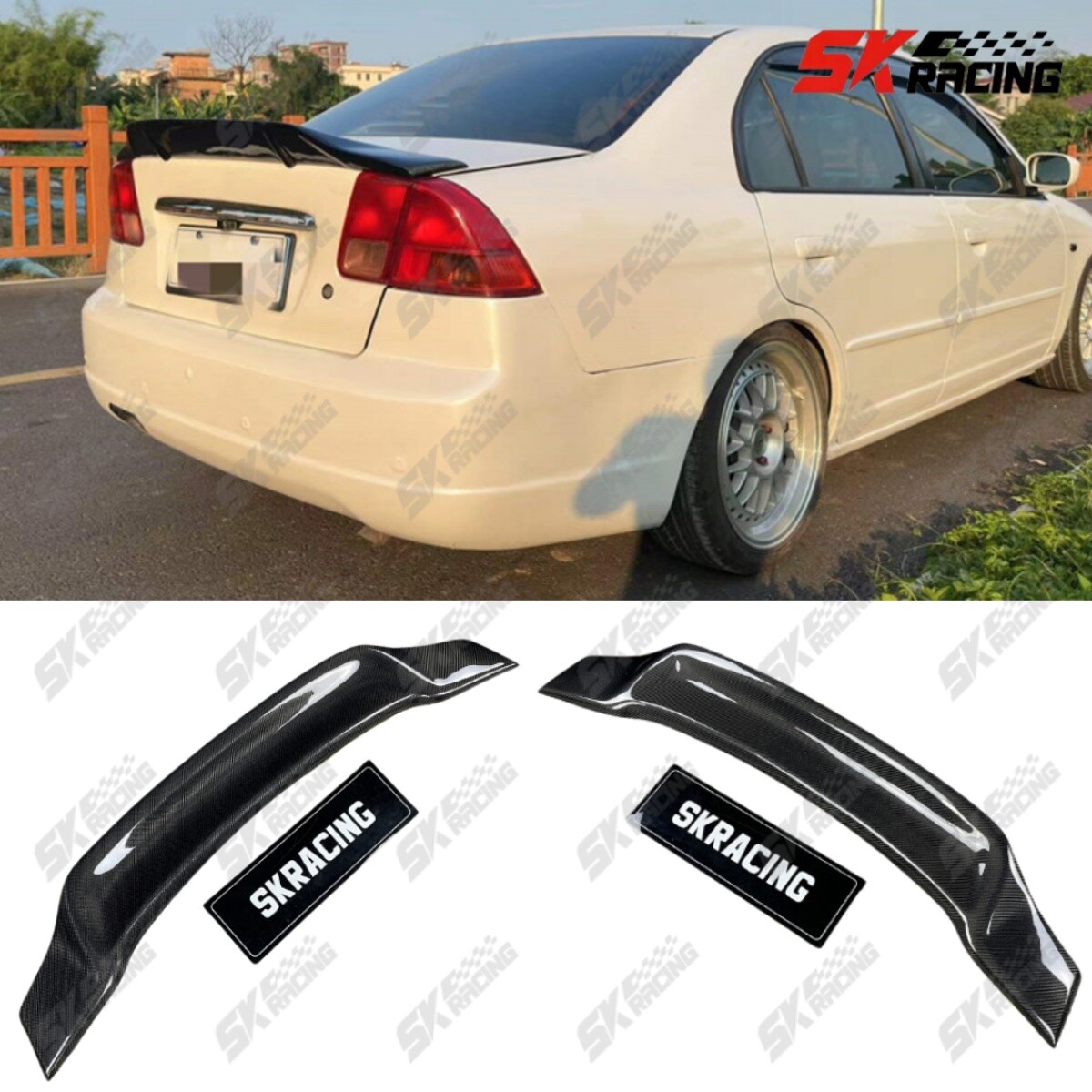 For 2001-2005 Honda Civic Sedan Carbon Fiber/Glossy Black Rear Spoiler Wing