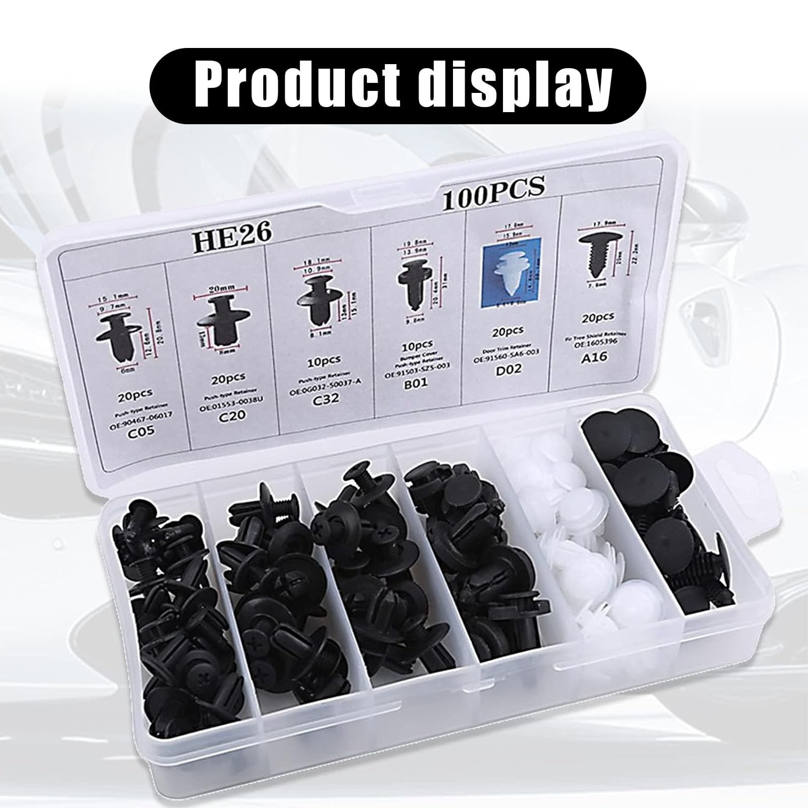 100 PCS Car Bumper Bolt Fastener Set, 6 Types of Door Panel Push Retainer HE2…