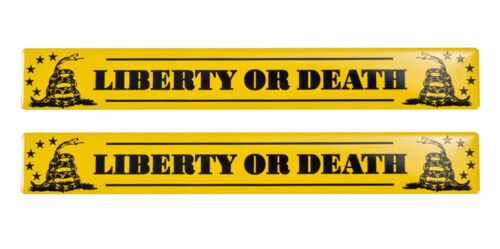 Liberty or Death Gadsden Flag 5 3/4″ x 3/4″ Yellow Aluminum Metal Emblems Pair