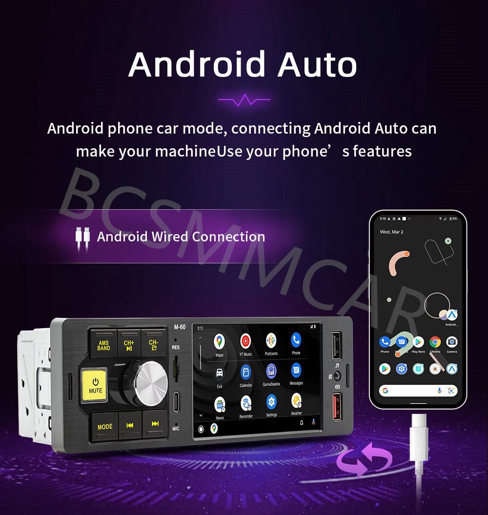 4.1in Car Radio Stereo Bluetooth Single 1Din CarPlay Android Auto TF/AUX/USB/FM