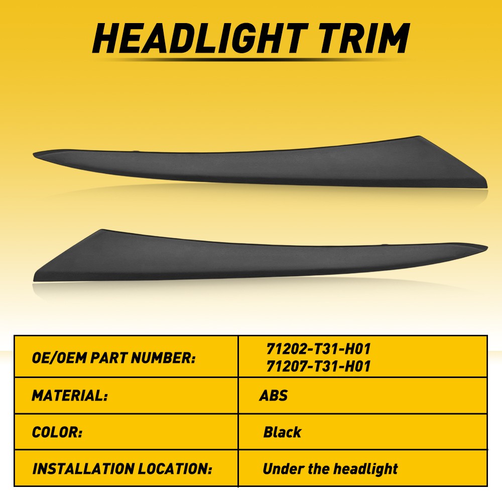 For 2022 2023 Honda Civic Glossy Black Front Headlight Trim Eyelid Moldings Pair