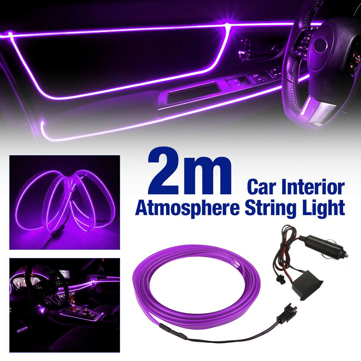 2M Purple LED Light Atmosphere Wire Strip Light Lamp Car Interior Accessories