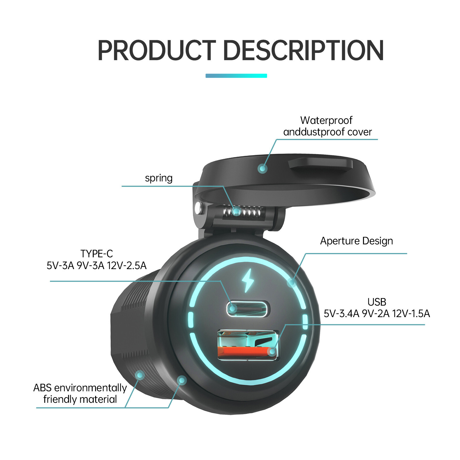 Car Cigarette Lighter Socket Dual Ports USB Type-C Quick Charging Power Outlet