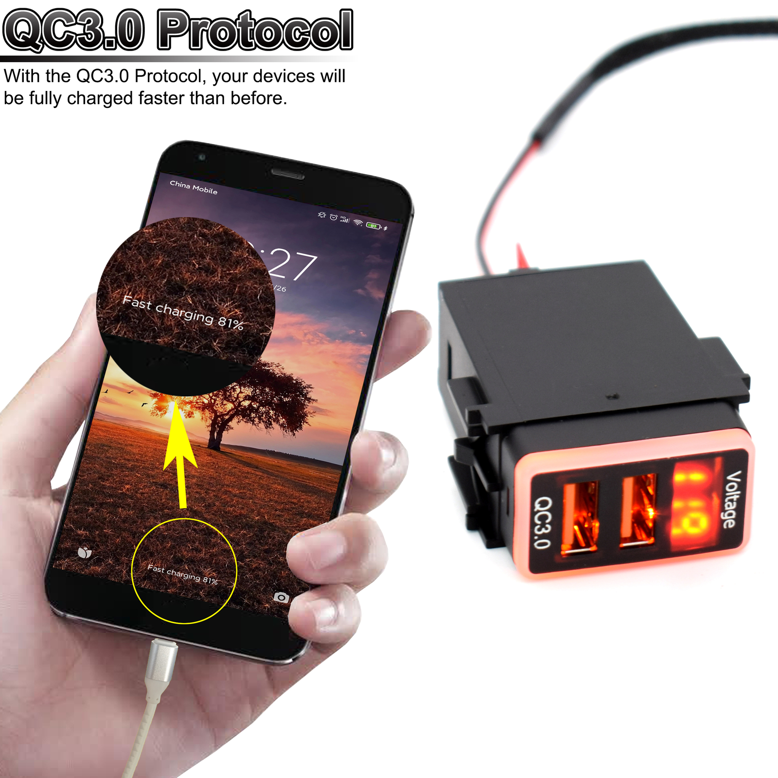 Quick Phone Charger QC3.0 Dual USB Port For Nissan LED Digital Display Voltmeter