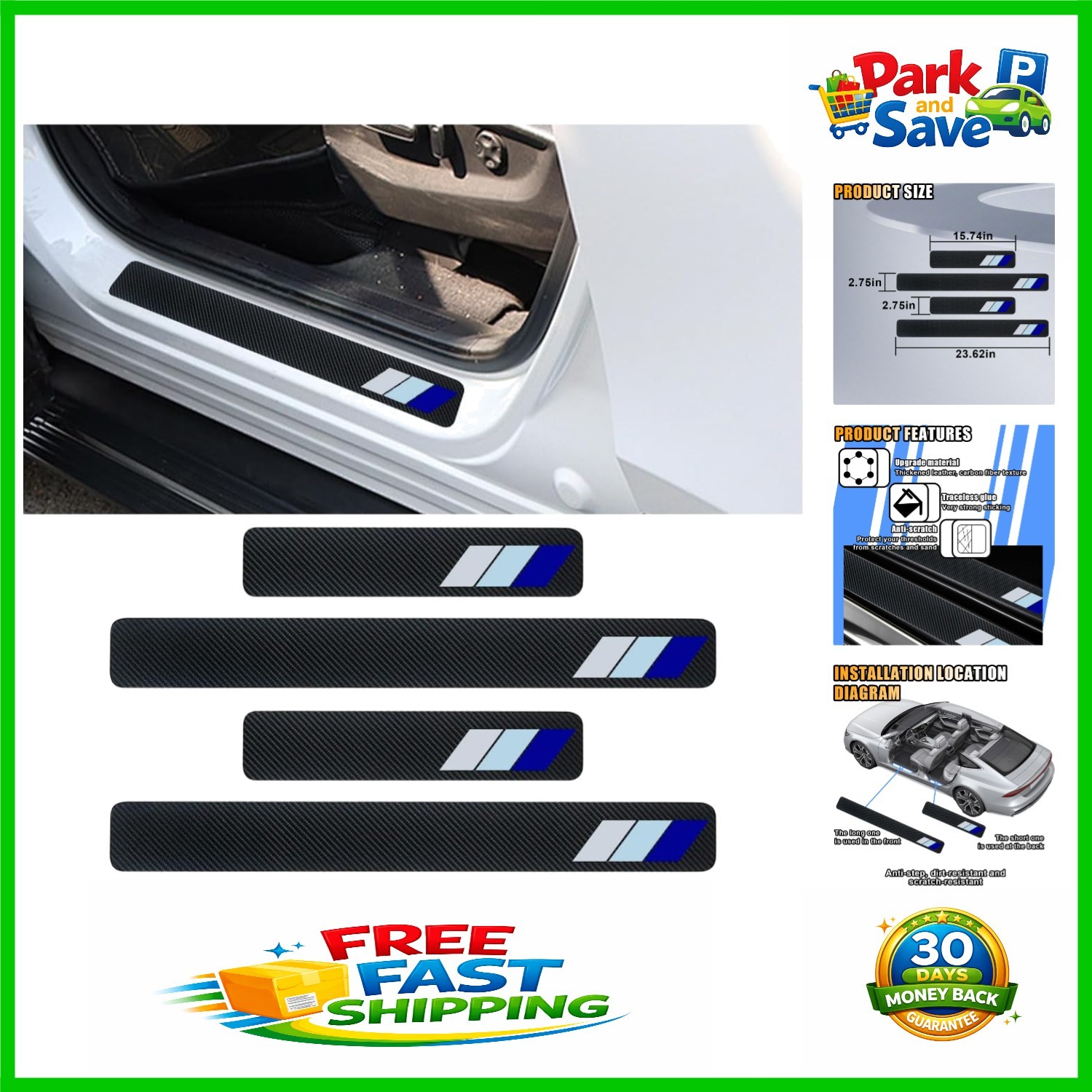 4PCS Tri-Color Carbon Fiber Door Sill Protectors – Universal Fit & Easy Install