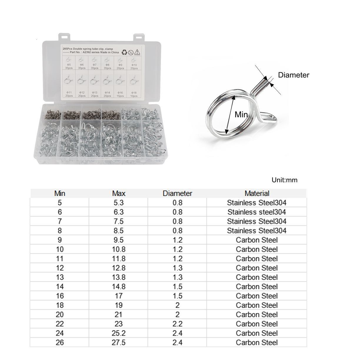 285 Pcs Car Hose Spring Clamps Air Tube Clips Water Fuel Line Pipe Assembly Kits