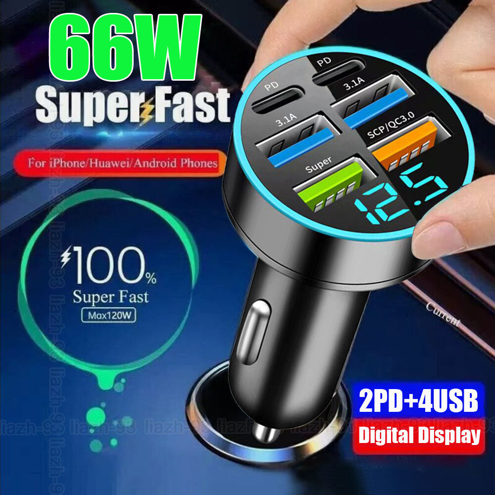 Car Charger 4 USB+2 PD 66W Type C Fast Phone Charging Adapter Cigarette Lighter