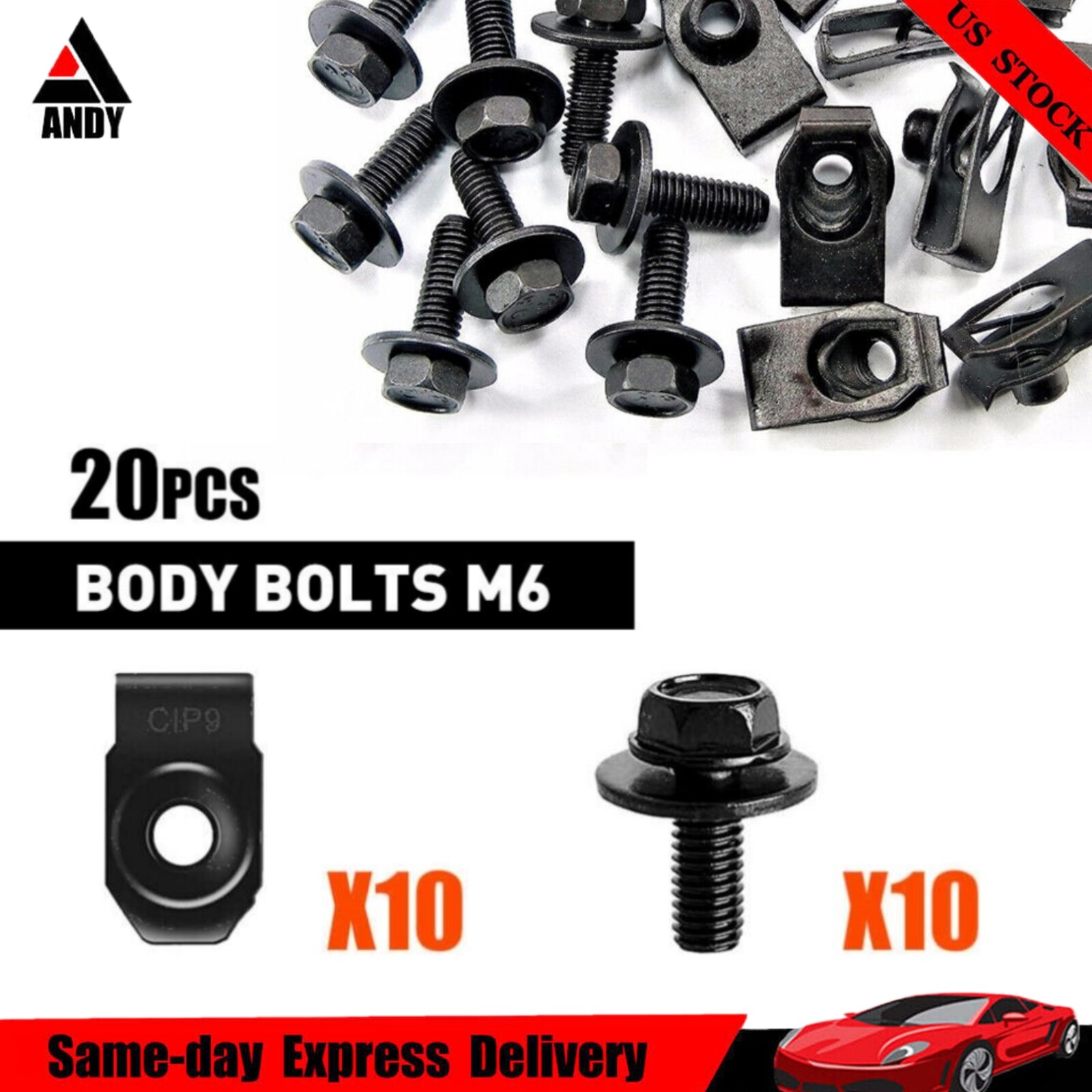 For Honda Body Bolts & U-nut Clips- M6-1.0 x 20mm Long- 10mm Hex- 20pcs (10ea)
