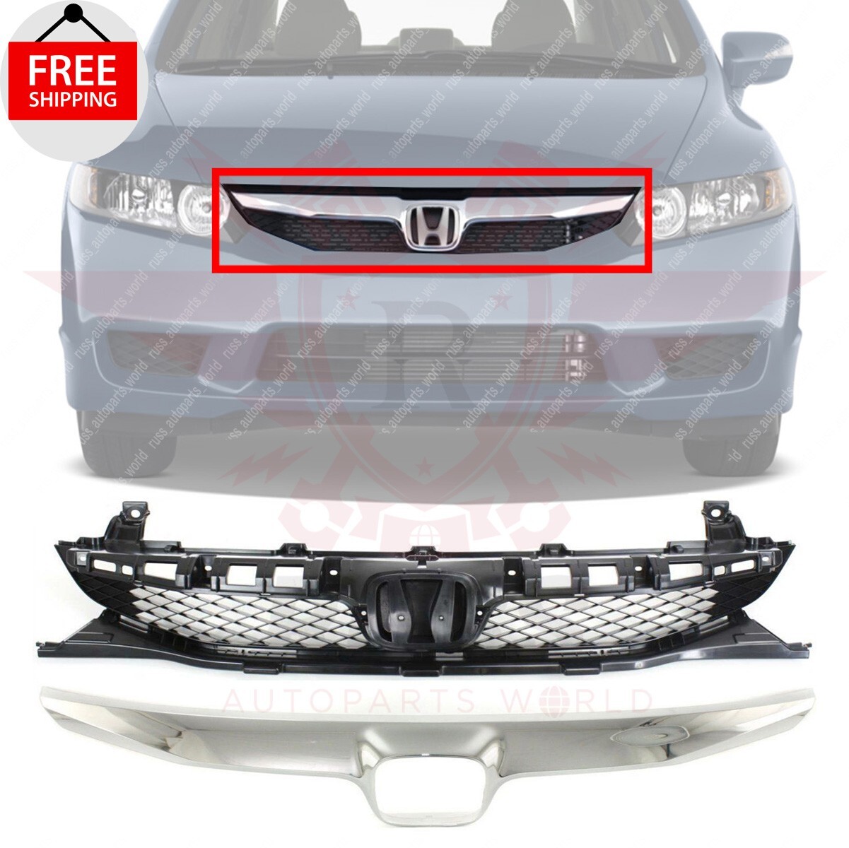 New Front Upper Grille Assembly + Chrome Molding Fits 2009 2010 2011 Honda Civic