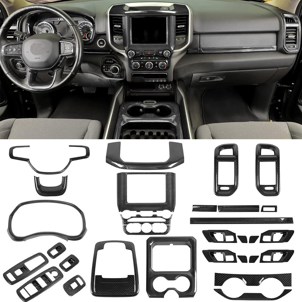 29pcs Full Interior Console Cover Trim Bezels Kit for Ram 1500 19+ Carbon Fiber
