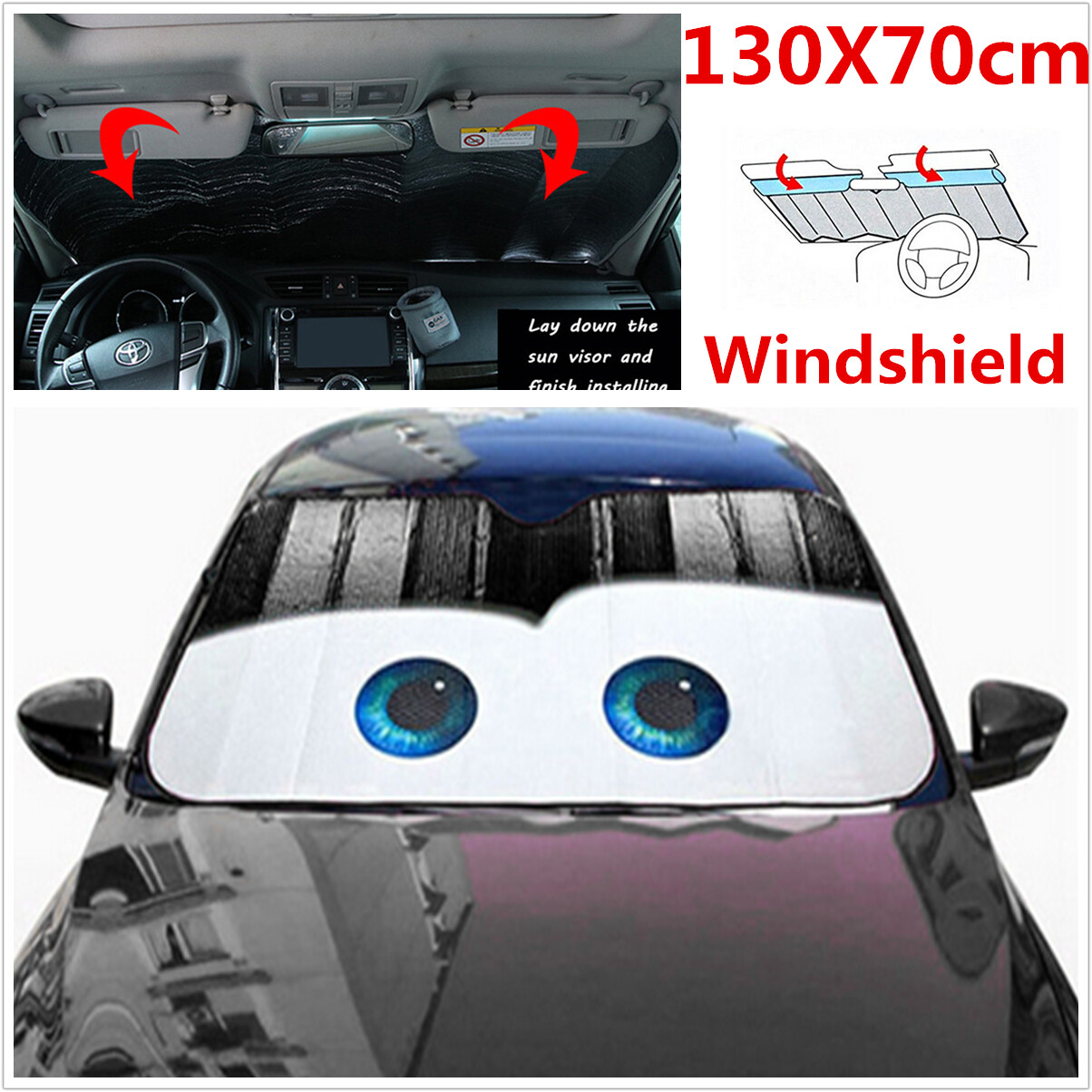 Aluminium Foil Black Cartoon Eyes Car Windshield Sun Visor Sunshade Cover
