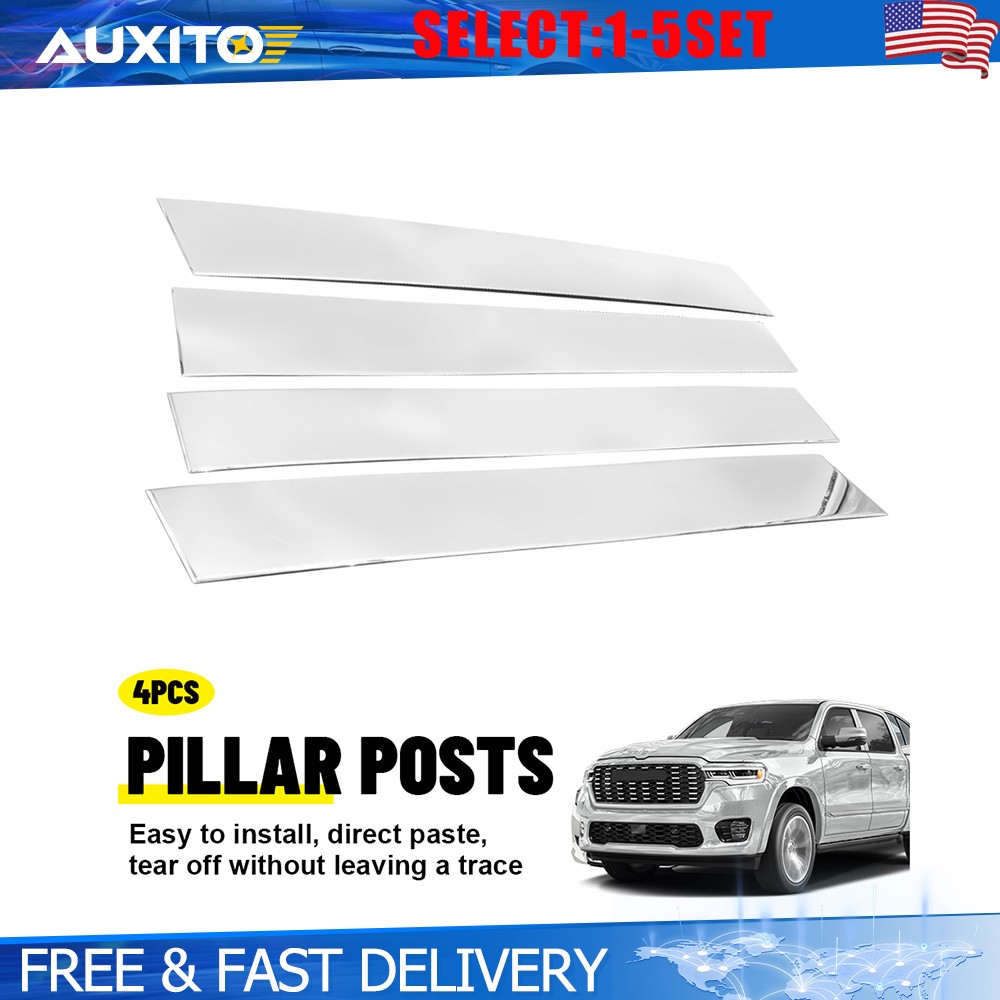 Gloss Chrome Pillar Post Overlays For 2019-2025 Dodge Ram 1500 DT Models 4-20X