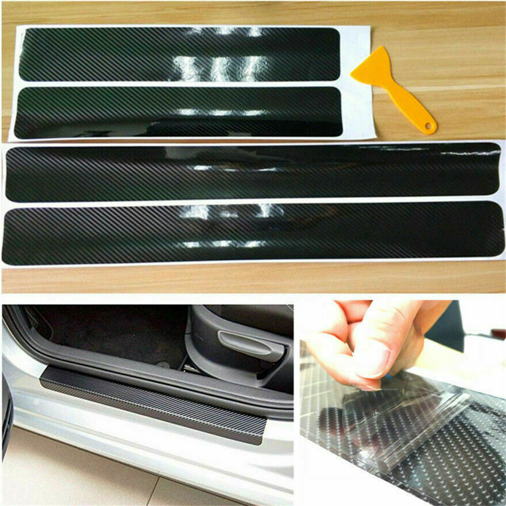 4pcs Carbon Fiber Car Door Plate Sill Scuff Cover Anti Scratch Sticker Protector
