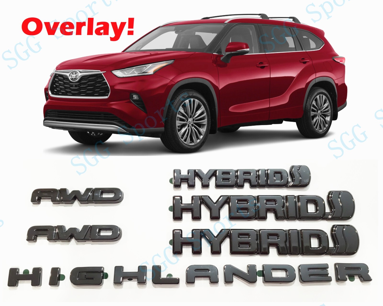 6PCS Gloss Black HYBRID Highlander AWD OVERLAY Emblem Fit 2020+Toyota Highlander