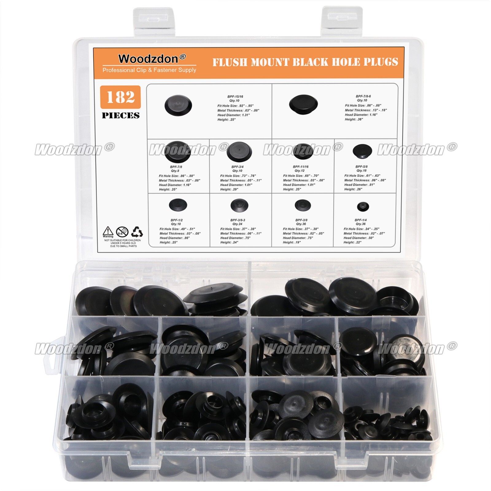 182pcs Auto Body Black Plastic Hole Plug Button Flush Mount Sheet Metal Assorted