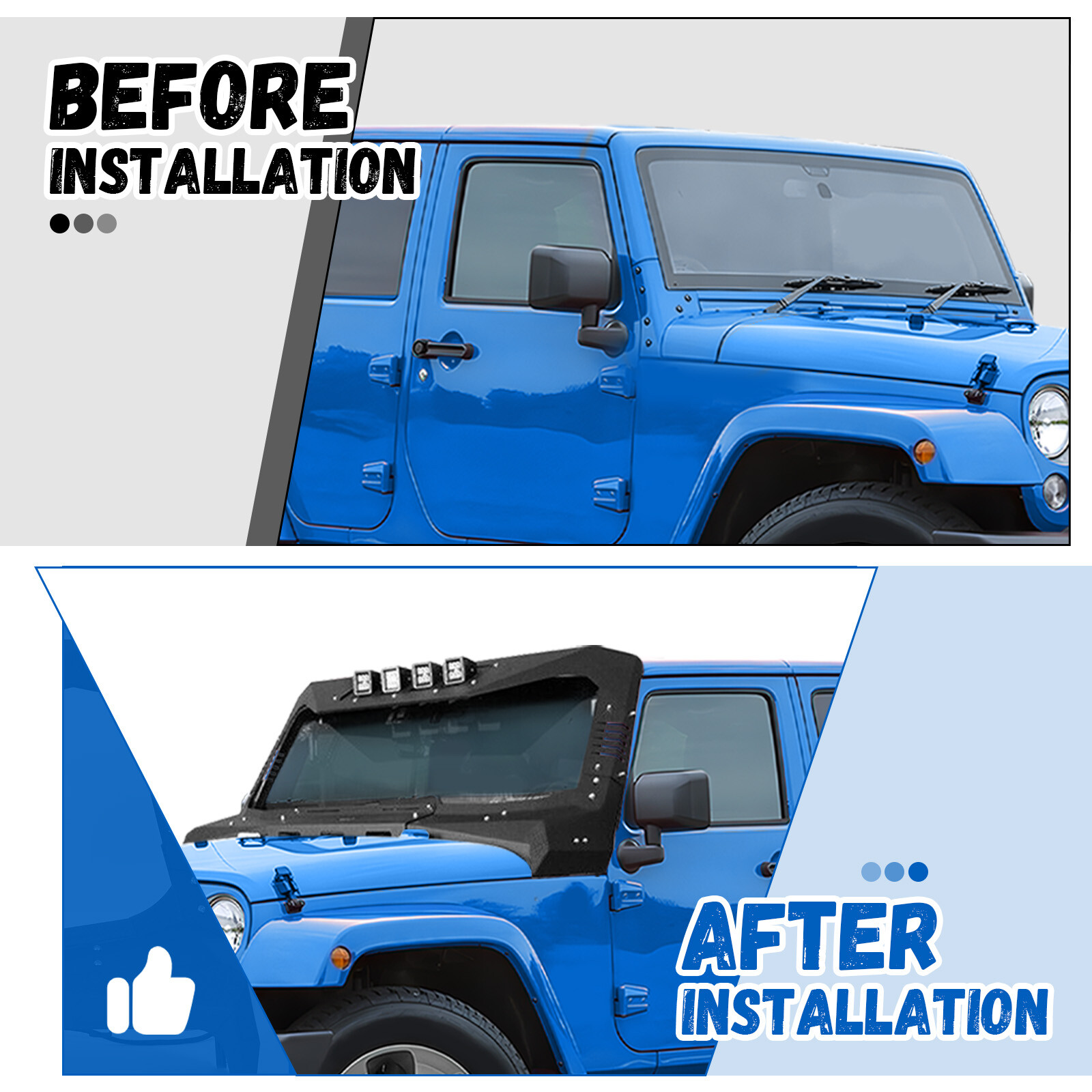 For Jeep Wrangler JK 07-18 Armor Windshield Frame Cover Visor Cowl w/ LED Lights
