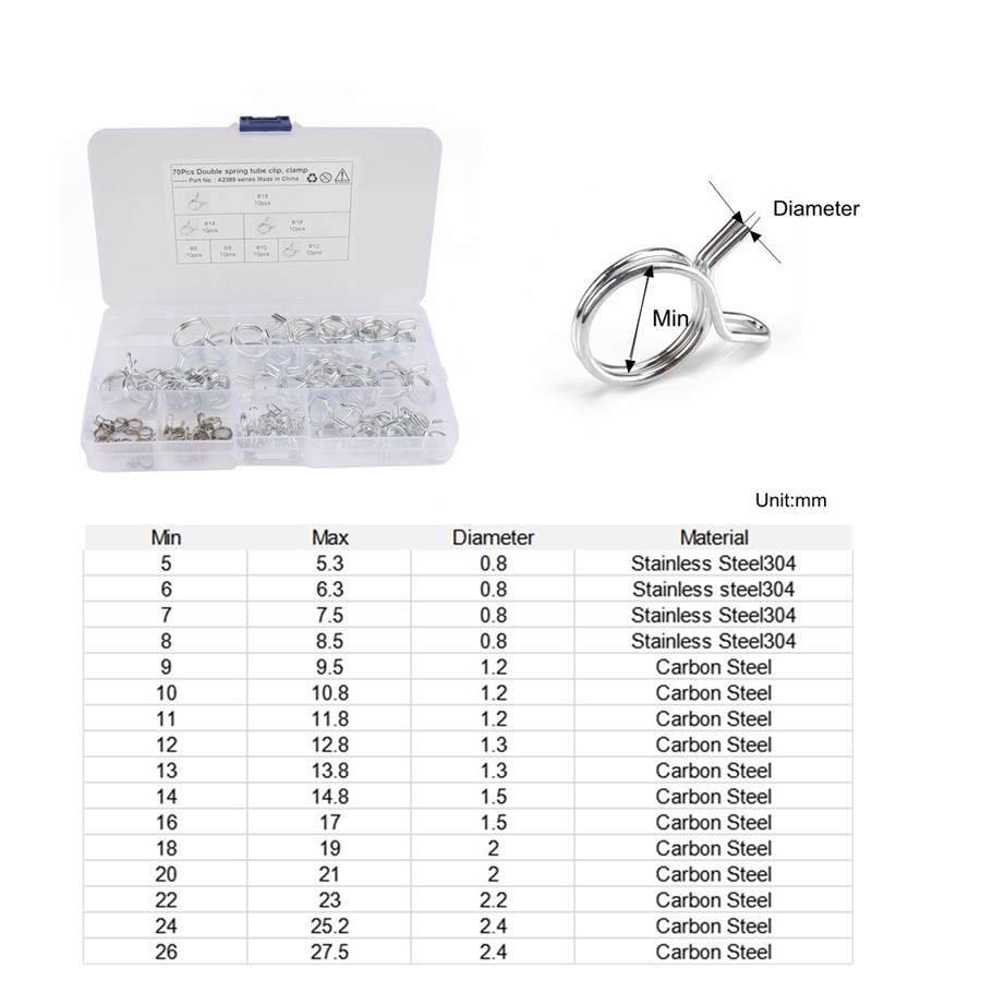 Hose Spring Clamps Φ6-Φ18Fastener Fuel Water Line Pipe Air Tube Clips Kit 70PCS