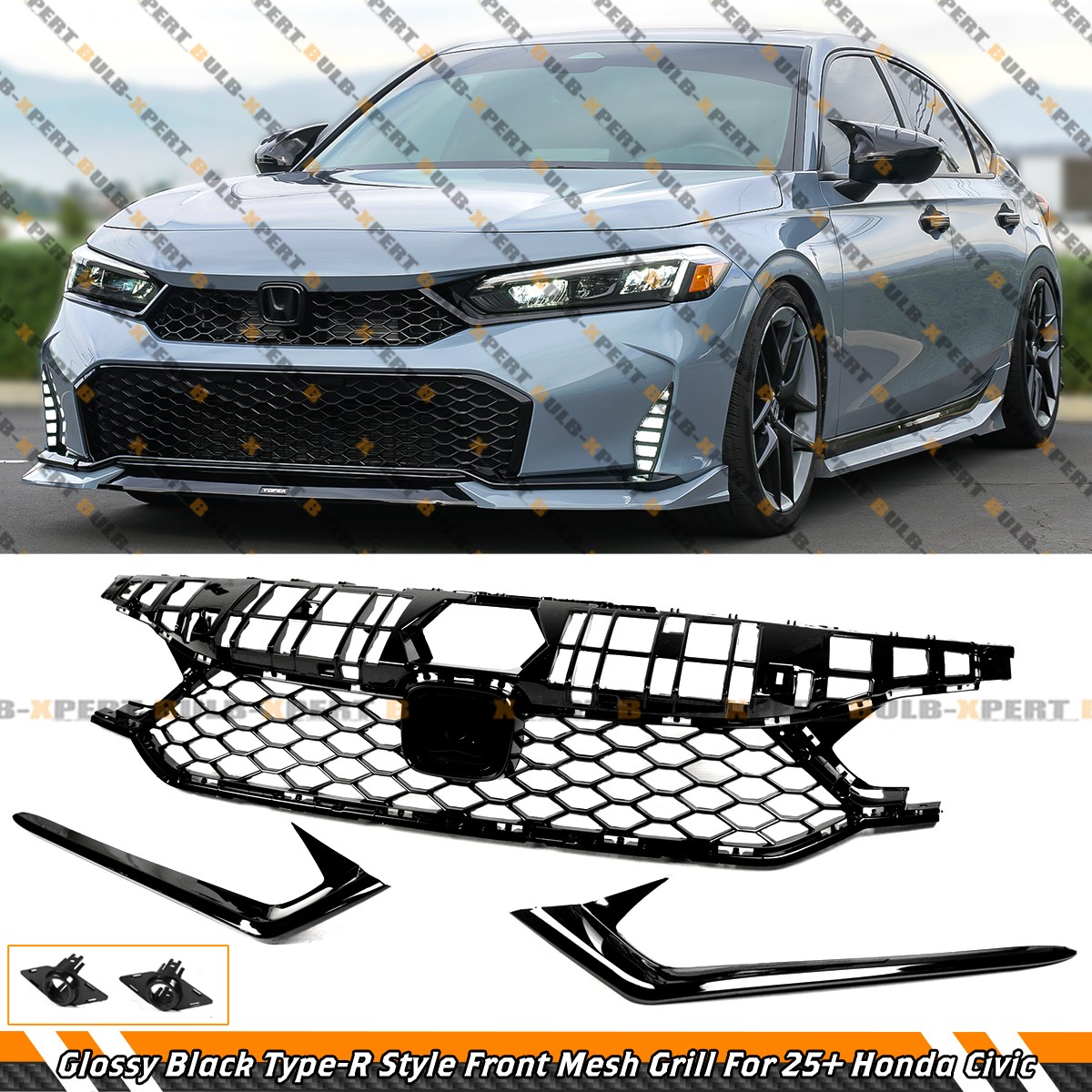 For 25-26 Honda Civic Type-R Style Gloss Black Front Upper Honeycomb Mesh Grille