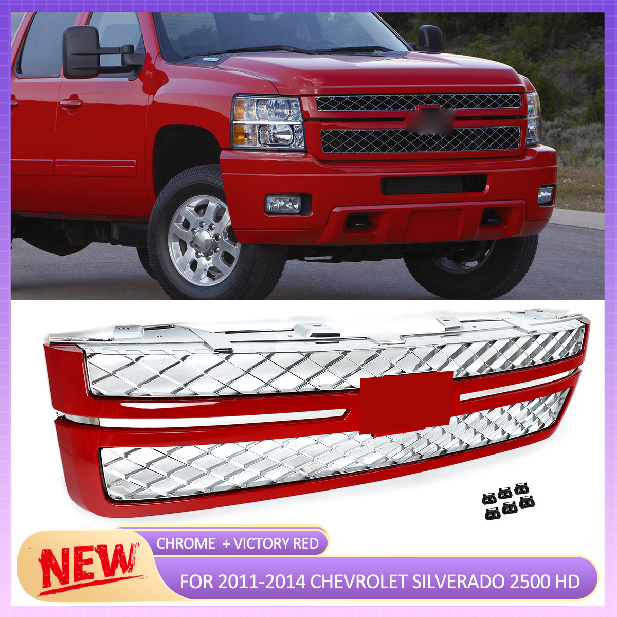 GM1200639 Victory Red & Chrome Front Grille For 2011-2014 Silverado 2500 3500 HD